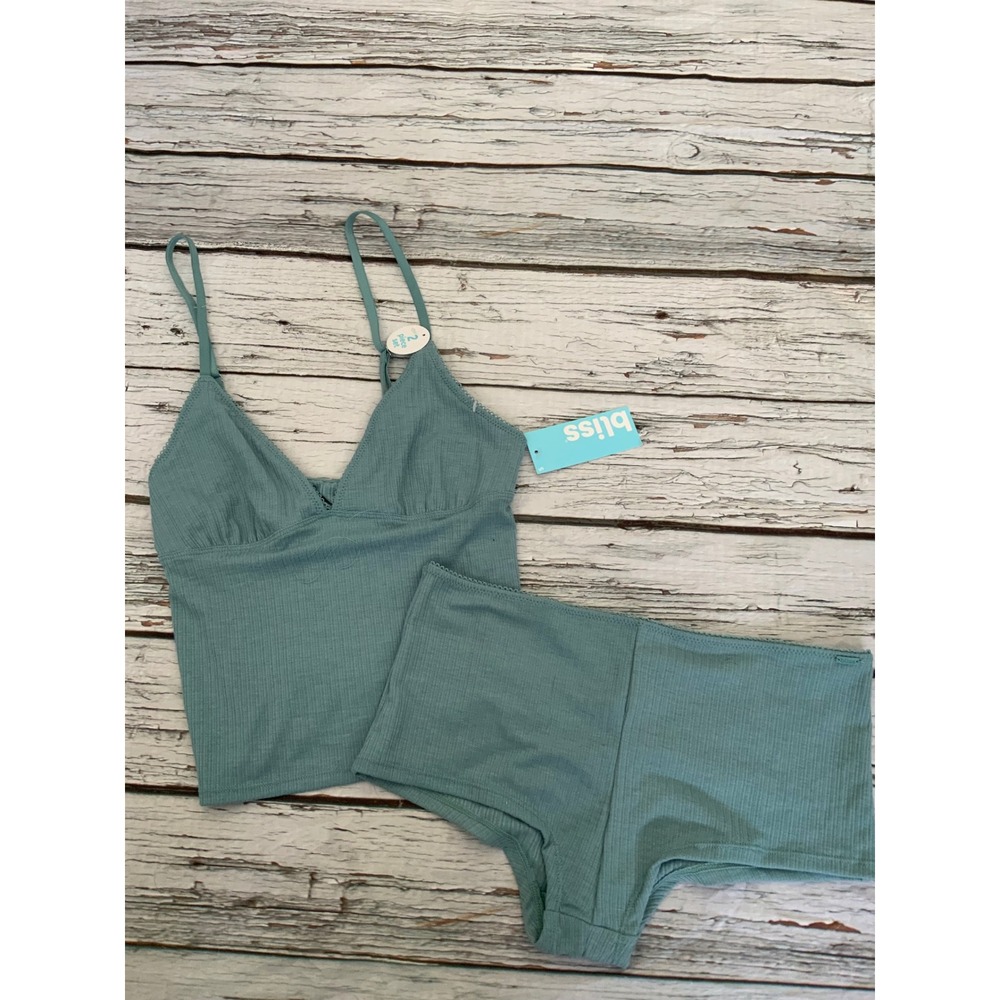 Bliss Ribbed Camisole and Boyshort 2 Piece Set Seafoam Green Small NWT